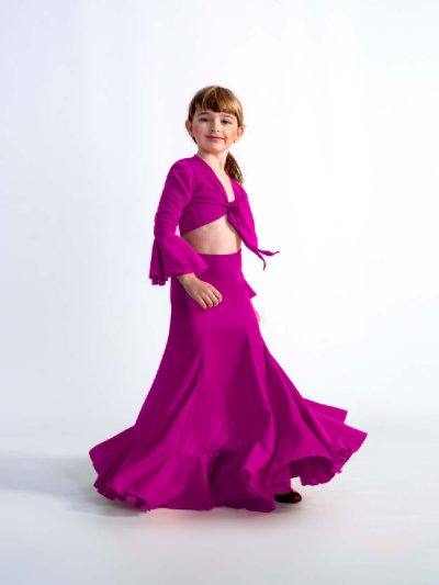 conjunto bolero con falda de talle alto y volante infantil color buganvilla