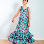 Vestido infantil de baile flamenco, modelo Aitana de Paralola. En color verde agua con flores buganvilla y lunares blancos.